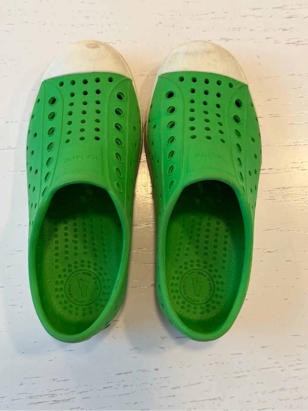 Native Jefferson Kids Bright Green Slip-On Water Shoes with White Toe Caps, C12